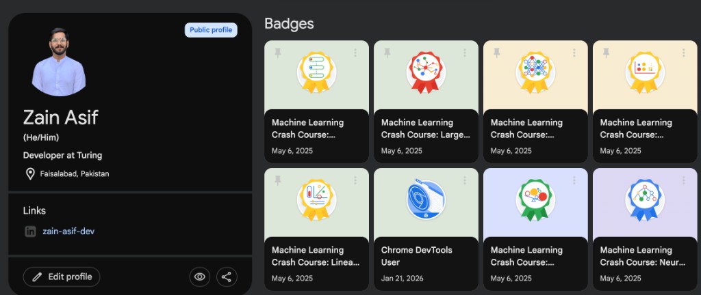Google Developer Program profile showing earned badges