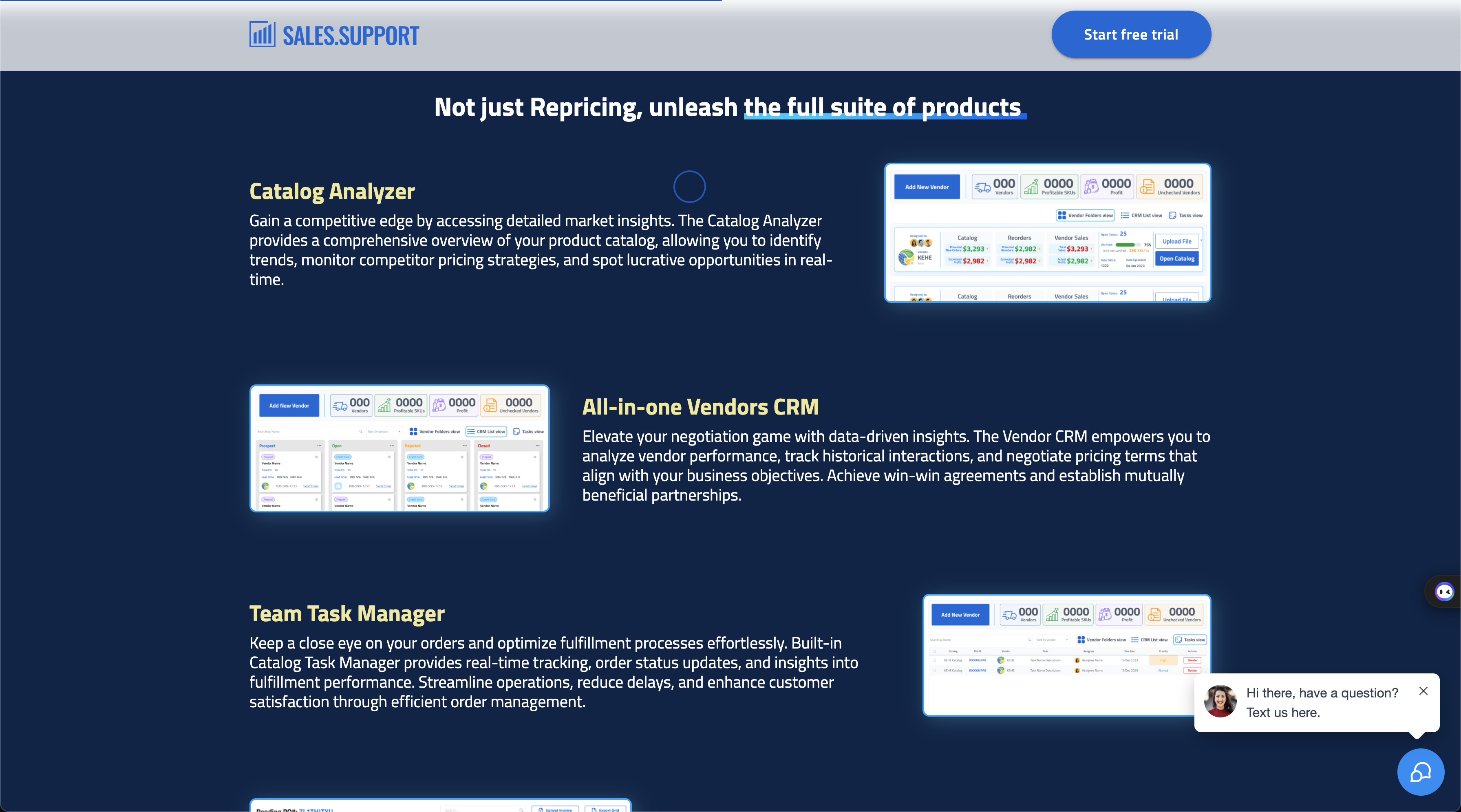 Sales Support features: Catalog Analyzer, Vendors CRM, Team Task Manager