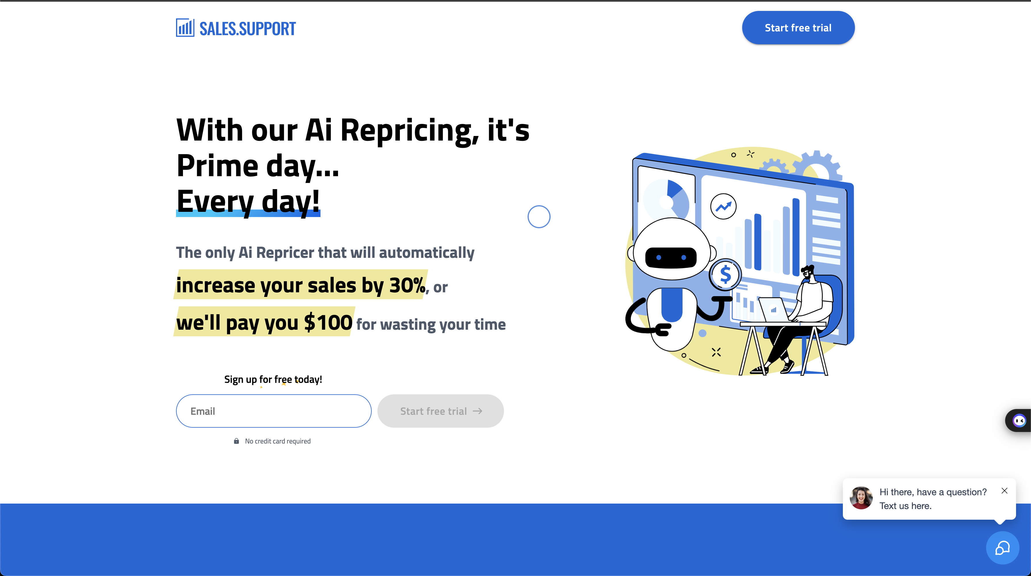 Sales Support landing page with AI Repricer